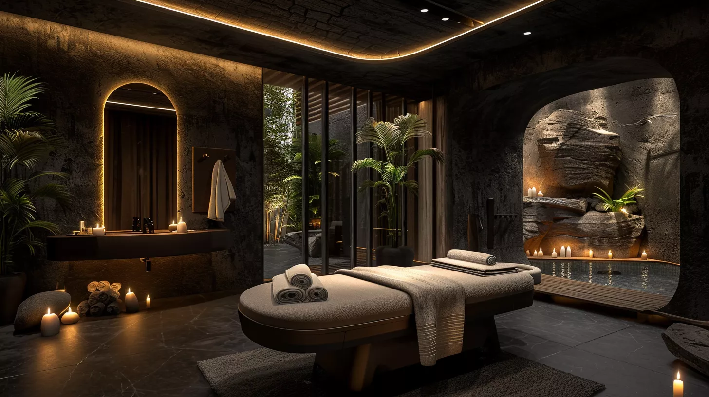 A hotel spa with oriental Zen details, earthy colors, and candles that evoke calm and balance. A hotel spa with oriental Zen details, earthy colors, and candles that evoke calm and balance.